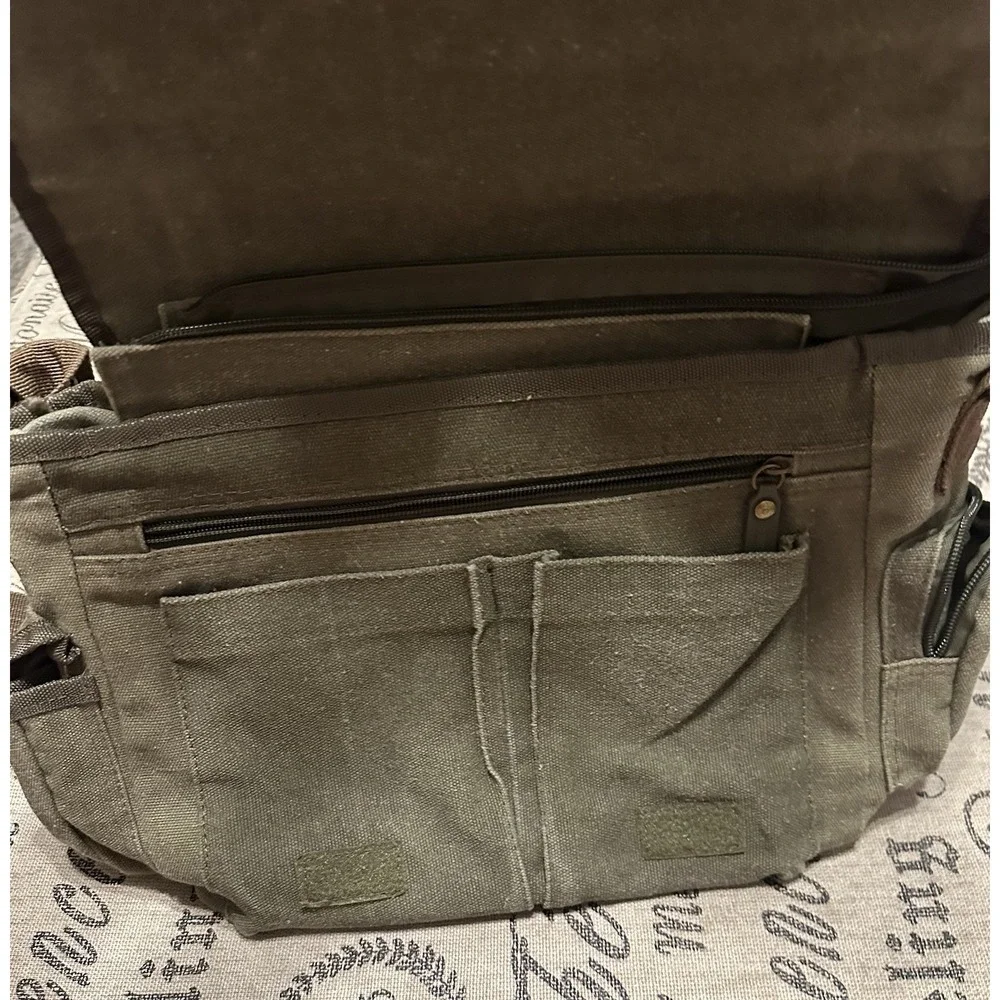 Sovrano Olive Canvas Messenger Bag Crossbody - Qdoba Logo'd